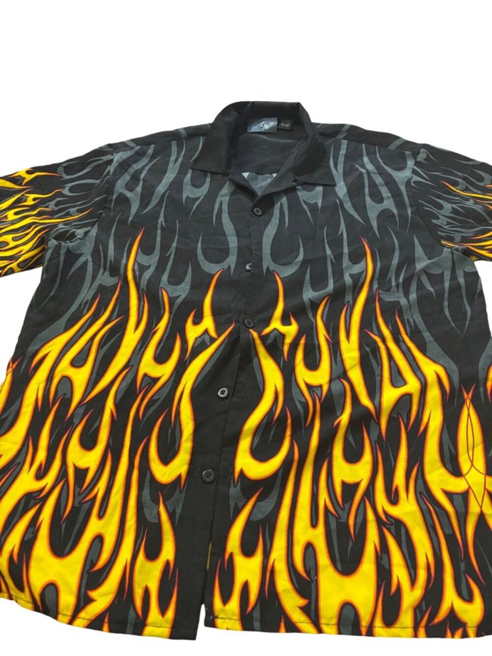 Sapphire Lounge Mens Flame Button-Up Shirt 2XL Black Yellow Polyester Rockabilly